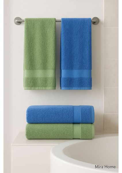 4 Parça Ekonomik Banyo Havlu Takımı %100 Pamuklu Quickdry Mavi