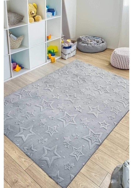 Stary Premium Puffy Peluş Kendinden Desenli Yıldızlı Kaymaz Taban Çocuk Halısı Oyun Halısı