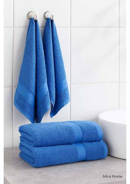 4 Parça Ekonomik Banyo Havlu Takımı %100 Pamuklu Quickdry Mavi