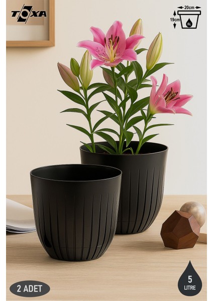 2 Adet 5 Litre Çizgi Saksı Seti 21cm Tabaklı Delikli Plastik Drenajlı Çiçek Saksısı Set