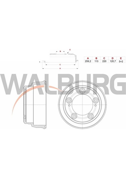 WALBURG-WDR1026 - Fren Kampanası Arka 5 Delık 259,2×113×220×120,7 Hyundaı H100 Kamyonet 2.5 D 2004-