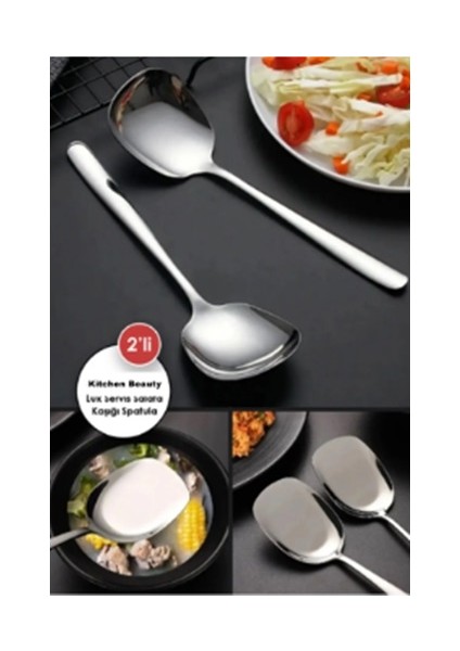 Pratik 2 Adet Paslanmaz Gold Çelik Lüx Servis Salata Kaşığı Spatula Çelik Yemek Servis Kaşığı 21CM