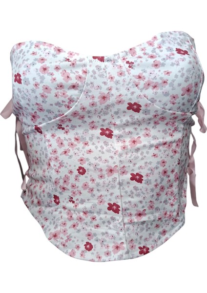 Pembe Çiçekli Penye Straplez Büstiyer, Pedsiz, Crop Büstiyer, Straplez