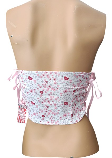 Pembe Çiçekli Penye Straplez Büstiyer, Pedsiz, Crop Büstiyer, Straplez fiyatları