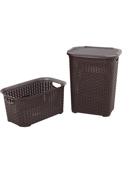 Plastik Rattan Hasır Görünümlü Kirli Çamaşır Sepeti- Çamaşır sepeti 2'li Set Kahverengi