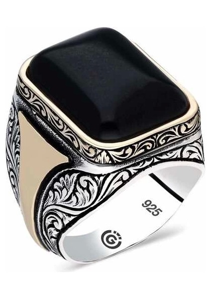 ​gümüş Desenli Siyah Taşlı Köşeli Erkek Yüzük
