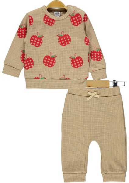 Penye Waffle Çilekli Baskılı Tişört ve Pantolon Ikili takım