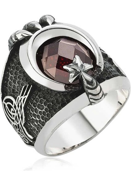 Gümüş Ay Yıldız Tuğra Erkek Yüzük