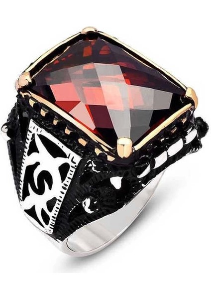 Gümüş Kırmızı Zirkon Taşlı Erkek Yüzük