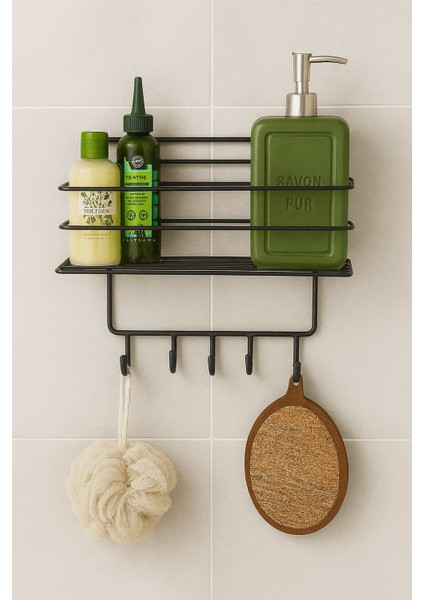 Paslanmaz Siyah Yapışkanlı Banyo Duş Rafı Şampuanlık, 4 Kancalı, Dayanıklı, Şık Düzenleyici - Tş-01