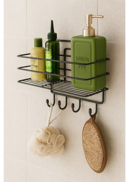 Paslanmaz Siyah Yapışkanlı Banyo Duş Rafı Şampuanlık, 4 Kancalı, Dayanıklı, Şık Düzenleyici - Tş-01 fiyatları