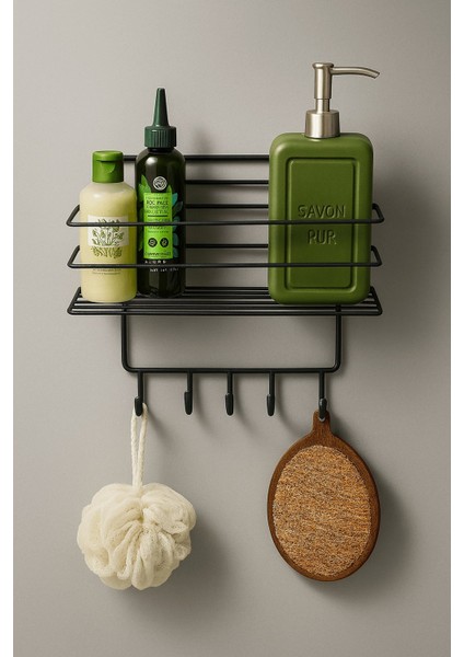 Paslanmaz Siyah Yapışkanlı Banyo Duş Rafı Şampuanlık, 4 Kancalı, Dayanıklı, Şık Düzenleyici - Tş-01 modelleri