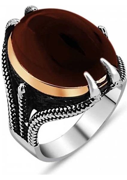 Gümüş Akik Taşlı Kartal Pençesi Erkek Yüzük