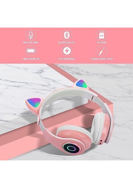 Bluetooth Kulaklık Kız Çocuk Kulak Üstü Kedi Kulaklığı Rgb LED Işık Katlanabilir Stereo Kablosuz Kulaklık Çocuklar ve Yetişkinler Için Mikrofonlu Dizüstü Bilgisayar / Pc / Tv (Pembe) modelleri