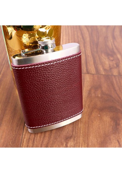 8 Oz 235 cc Hunili Kızıl Kahverengi Hakiki Deri Kılıflı Çelik Viski Içki Matarası