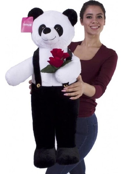 75 cm Siyah Çiçekli Tulumlu Ayakta Duran Sevimli Peluş Ayıcık