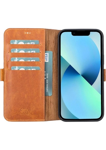 Apple iPhone 13 Pro Uyumlu Deri Cüzdanlı Kılıf Karamel