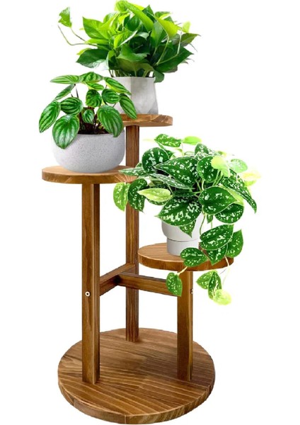 Çiçeklik 3 Raflı Saksılık Dekoratif 3 Raflı Çiçeklik Doğal Ahşap Saksılık Çiçek Rafı Daire Model