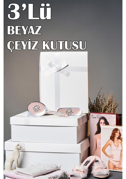 Beyaza Beyaz Kurdeleli 3'lü Çeyiz Kutusu