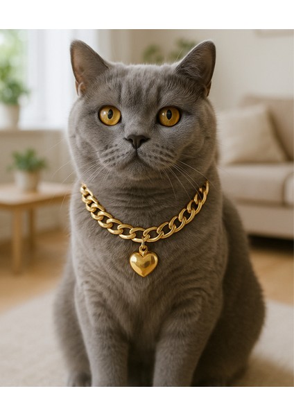 Gold Zincir Kedi Kolyesi Kalp Detaylı Hafifi Kedi Kolyesi