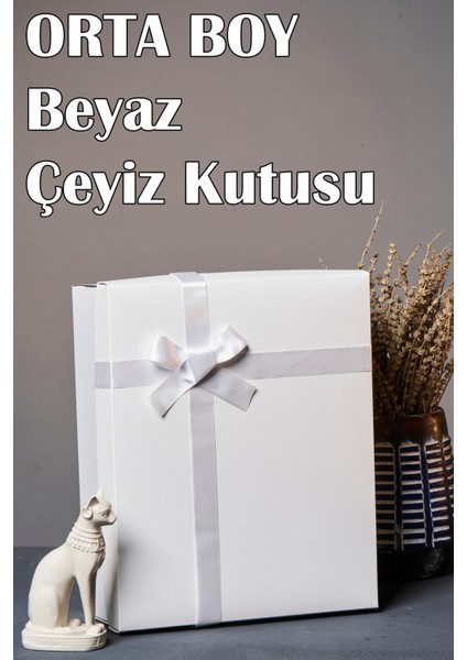 Beyaza Beyaz Kurdeleli Orta Boy Çeyiz Kutusu