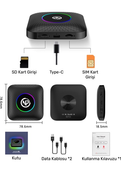 NPCP01 Sım Kartlı ANDROID13 8GB/128GB Tvbox, Youtube, Netflix, Carlinkit, Playstore Kablosuz Carplay