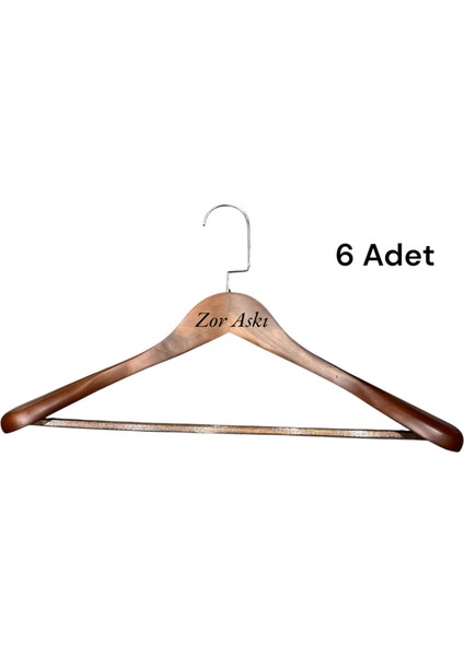 Ahşap Askı Kalın Omuzlu Takım Elbise Ceket Askısı Ceviz Renk 6 Lüks Kanca Formlu Adet Kaymaz Pantolon Çubuğu