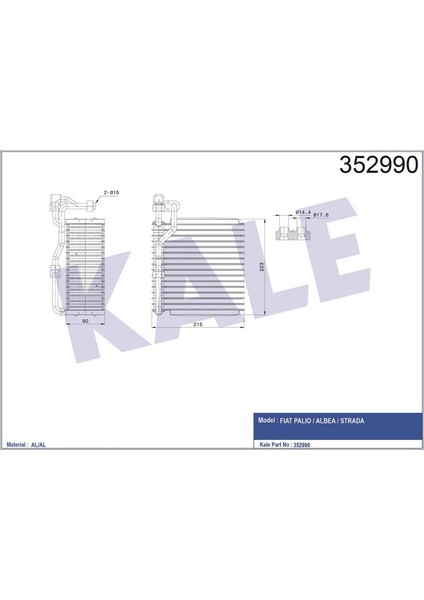 -352990 - Evaporatör Fıat Palıo Albea Strada 1.2 1.4 1.6 16V 1.7td 1.9d 1.3/1.9jtd 96=> [brazıng Al/al] [215X223X90]