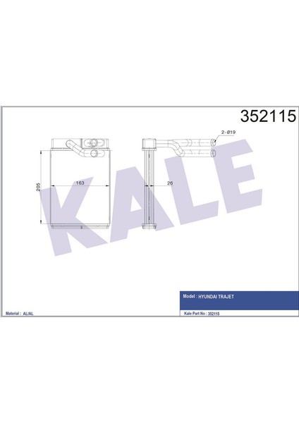 -352115 - Kalorifer Radyatörü Hyundaı Trajet 2.0crdı 2.0 16V 2.7V6 24V 99=> (Borulu) [brazıng Al/al] [205X163X26]