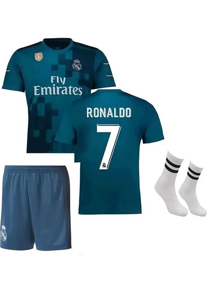 2018 Turkuaz-Mavi Cristiano Ronaldo Çocuk Forması Şort Çorap Bileklik 4'lü Set