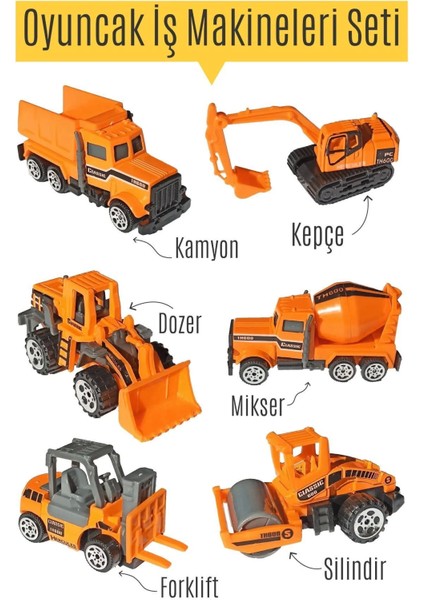 Metal Inşaat Araç Seti 6 Parça Beton Mikseri Kepçe Forklift Yol Düzleyici Kamyon