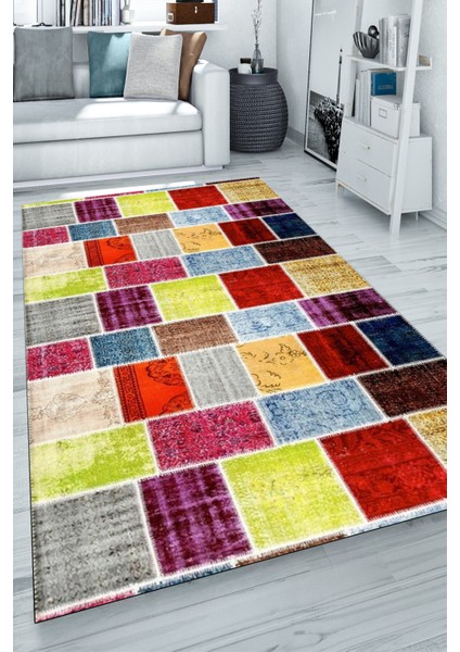 Kaymaz Tabanlı Halı Makinede Yıkanabilir Kilim Desenli Dot Tabanlı Mutfak Halısı 8001A