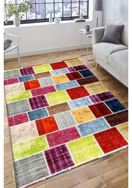 Kaymaz Tabanlı Halı Makinede Yıkanabilir Kilim Desenli Dot Tabanlı Mutfak Halısı 8001A
