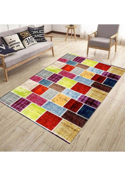 Kaymaz Tabanlı Halı Makinede Yıkanabilir Kilim Desenli Dot Tabanlı Mutfak Halısı 8001A