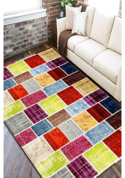 Kaymaz Tabanlı Halı Makinede Yıkanabilir Kilim Desenli Dot Tabanlı Mutfak Halısı 8001A