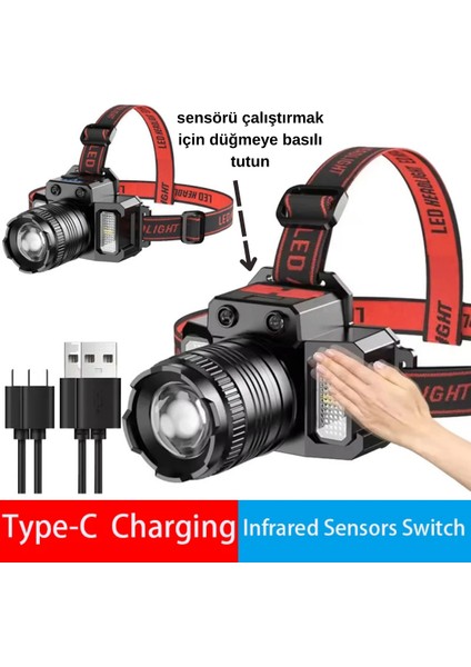 Zoom Sensörlü LED Kafa Feneri | Usb-C Şarjlı, Yakınlaştırmalı, Dijital Göstergeli, Su Geçirmez fiyatları