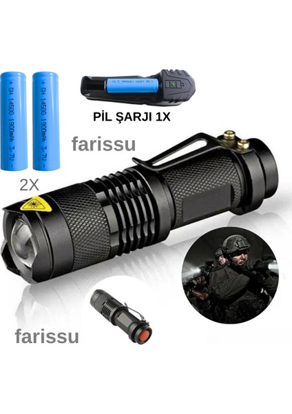Taktik Tip Zoomlu El Feneri | 2 Adet 1900 Mah Pil + Şarj Cihazı | 3 Mod | Süper Parlak LED