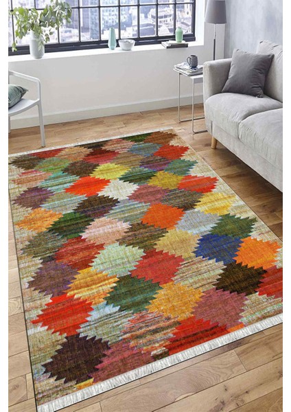 Kaymaz Tabanlı Halı Makinede Yıkanabilir Kilim Desenli Dot Tabanlı Mutfak Halısı 8001A