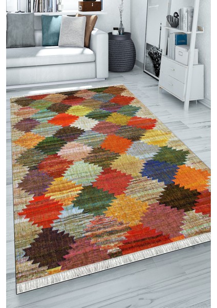 Kaymaz Tabanlı Halı Makinede Yıkanabilir Kilim Desenli Dot Tabanlı Mutfak Halısı 8001A modelleri
