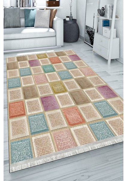 Kaymaz Tabanlı Halı Makinede Yıkanabilir Kilim Desenli Dot Tabanlı Mutfak Halısı 8001A