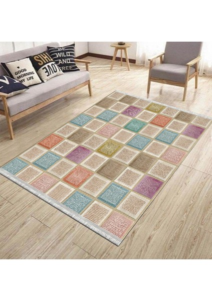 Kaymaz Tabanlı Halı Makinede Yıkanabilir Kilim Desenli Dot Tabanlı Mutfak Halısı 8001A