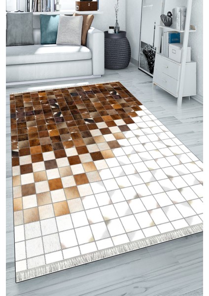 Kaymaz Tabanlı Halı Makinede Yıkanabilir Kilim Desenli Dot Tabanlı Mutfak Halısı 8001A