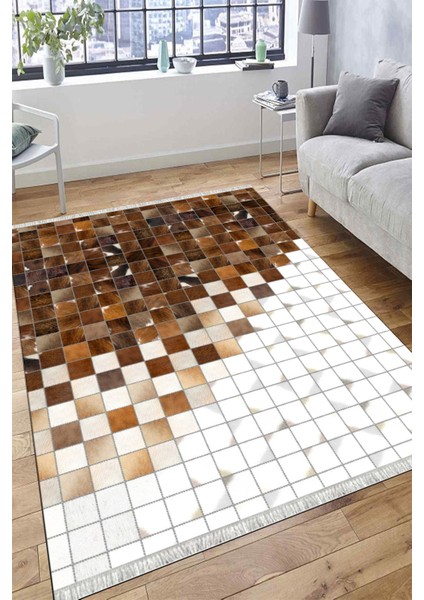 Kaymaz Tabanlı Halı Makinede Yıkanabilir Kilim Desenli Dot Tabanlı Mutfak Halısı 8001A