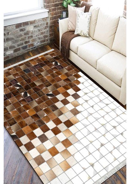 Kaymaz Tabanlı Halı Makinede Yıkanabilir Kilim Desenli Dot Tabanlı Mutfak Halısı 8001A