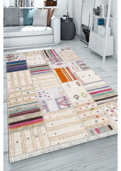 Kaymaz Tabanlı Halı Makinede Yıkanabilir Kilim Desenli Dot Tabanlı Mutfak Halısı 8001A