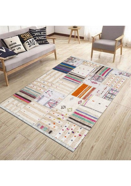 Kaymaz Tabanlı Halı Makinede Yıkanabilir Kilim Desenli Dot Tabanlı Mutfak Halısı 8001A