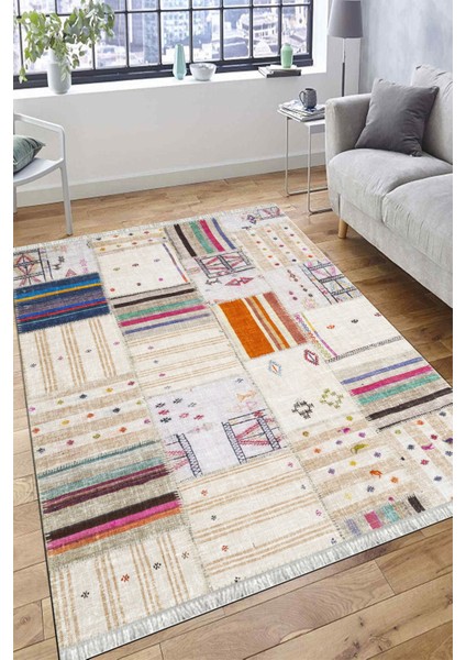 Kaymaz Tabanlı Halı Makinede Yıkanabilir Kilim Desenli Dot Tabanlı Mutfak Halısı 8001A