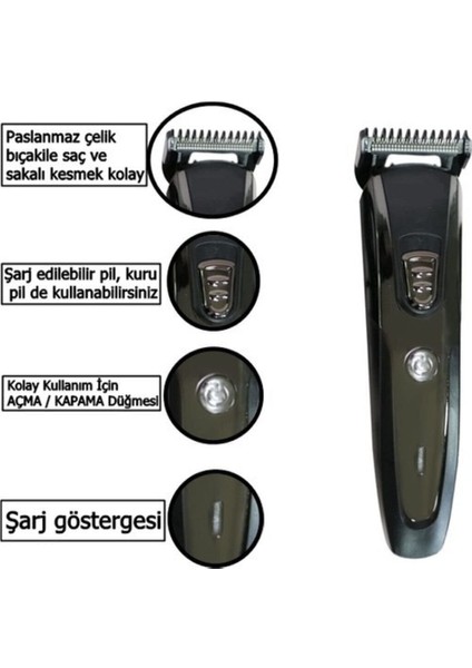 Şarjlı Saç Sakal Kesme ve Tıraş Makinesi Seti, Siyah, Profesyonel Kullanım