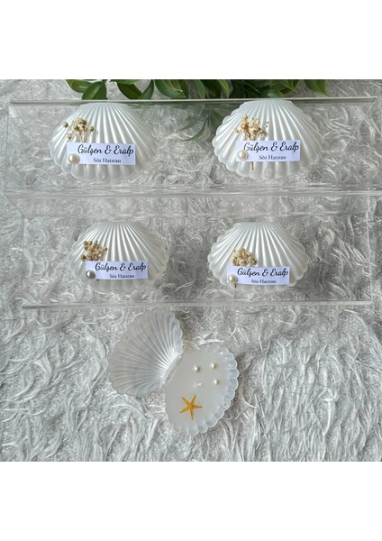 Istiridye Kutuda Mum Hediyelik – Kişiye Özel Etiketli, Inci & Deniz Yıldızı Süslemeli (10 Adet)