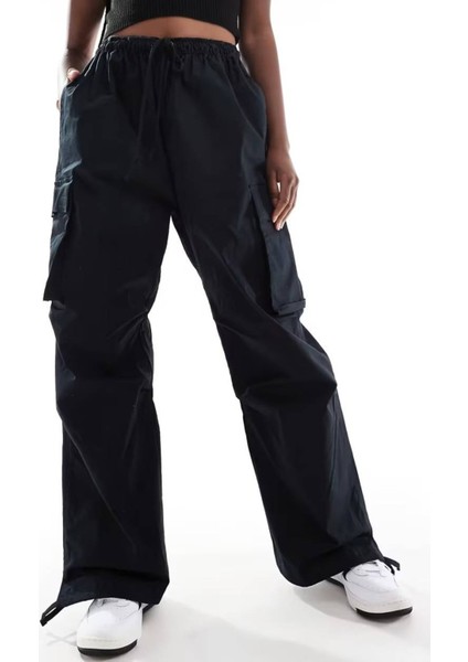 Sportswear Oversized Cargo Dans Pant Kadın Oversize Kargo Cepli Dokuma Eşofman Altı Siyah